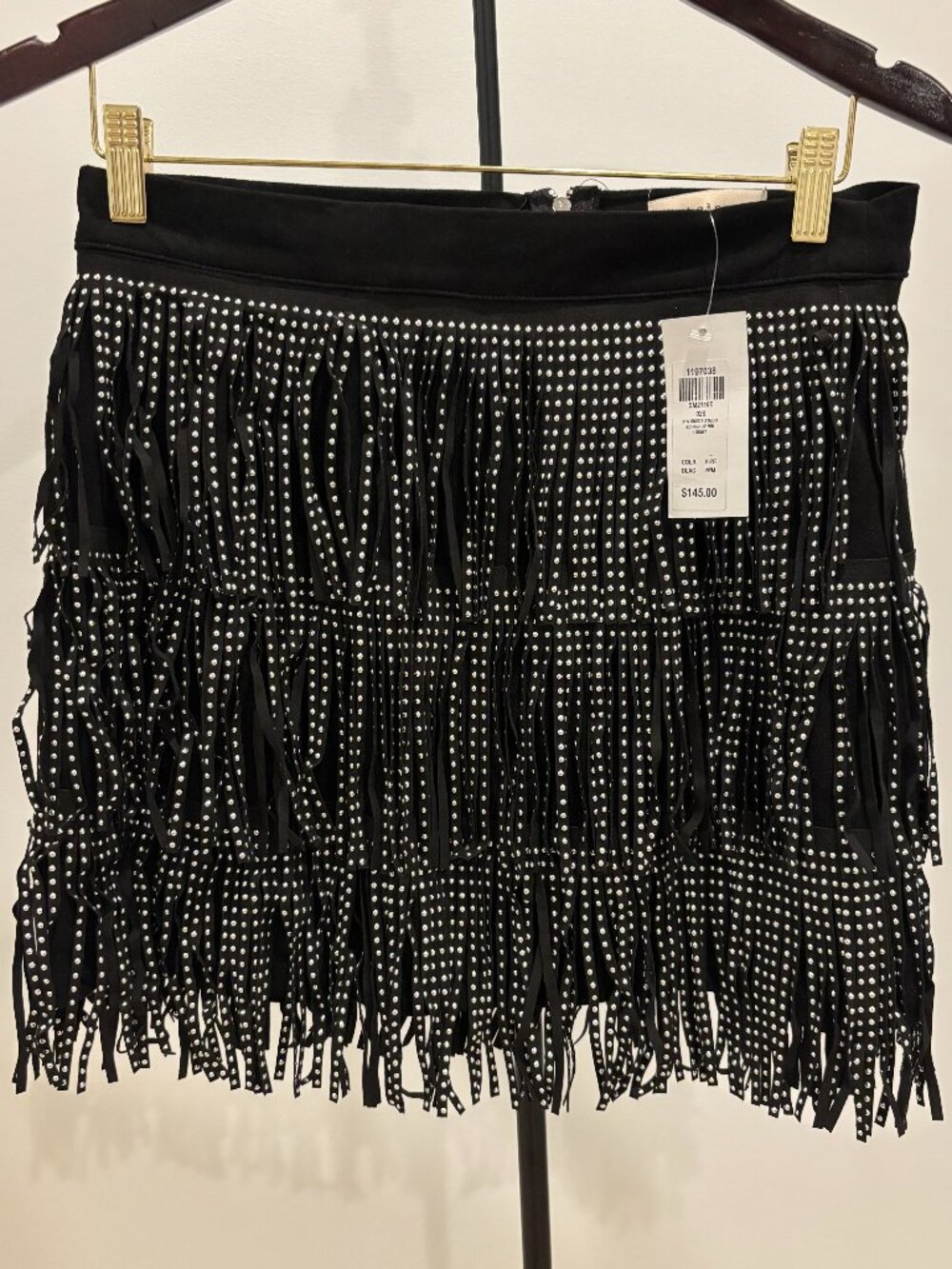Black studded fringe mini skirt